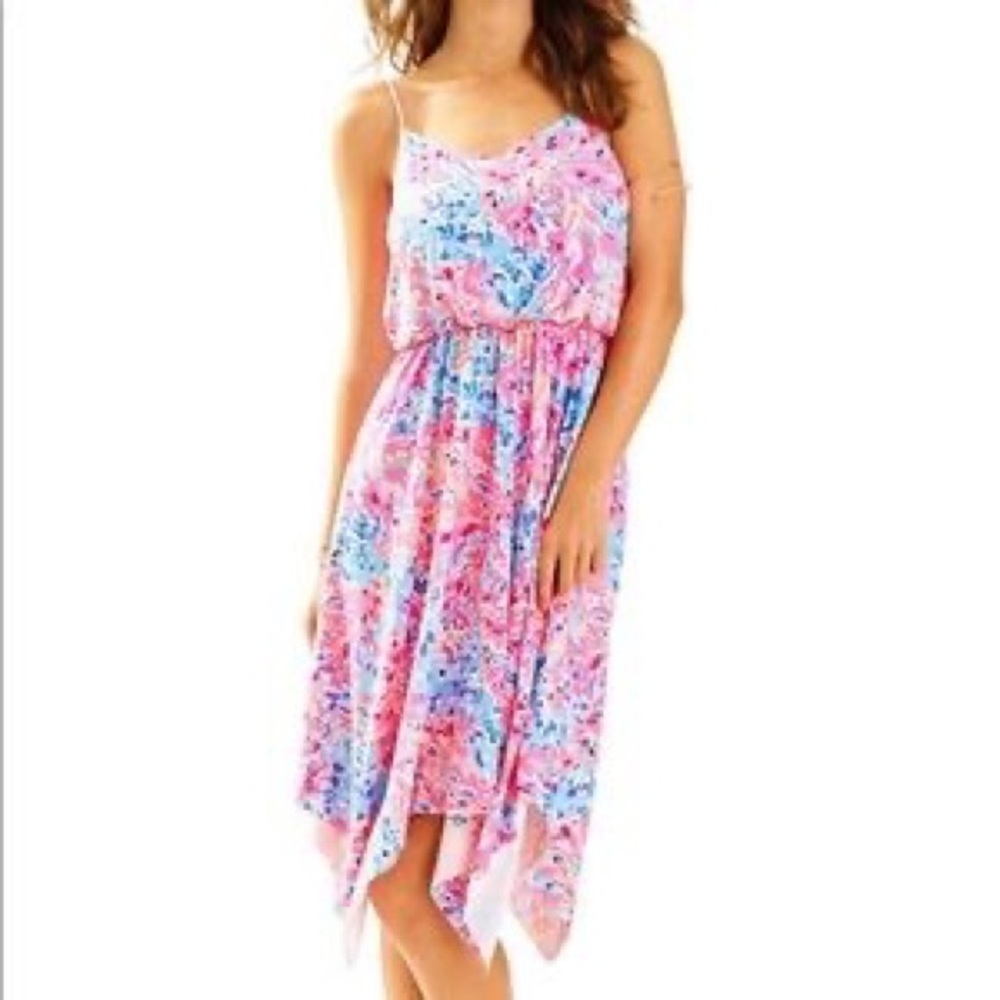 Lilly Pulitzer Dominica Handkerchief Hem Dress in Coco Coral Crab Size M